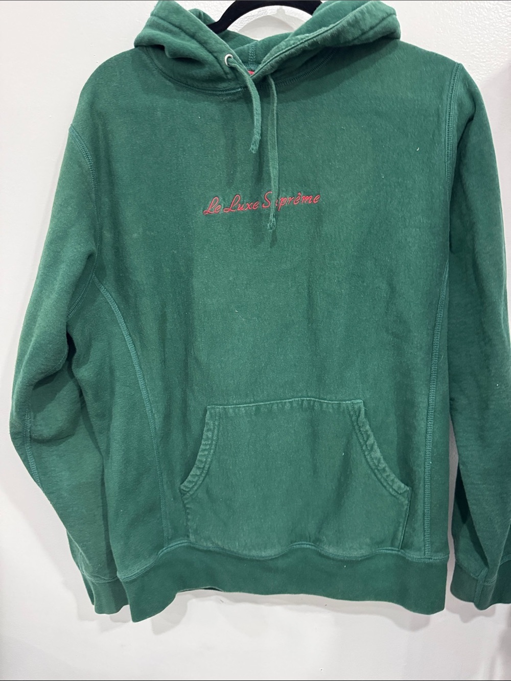 Supreme Forest Green Crewneck Hoodie with Pink Script